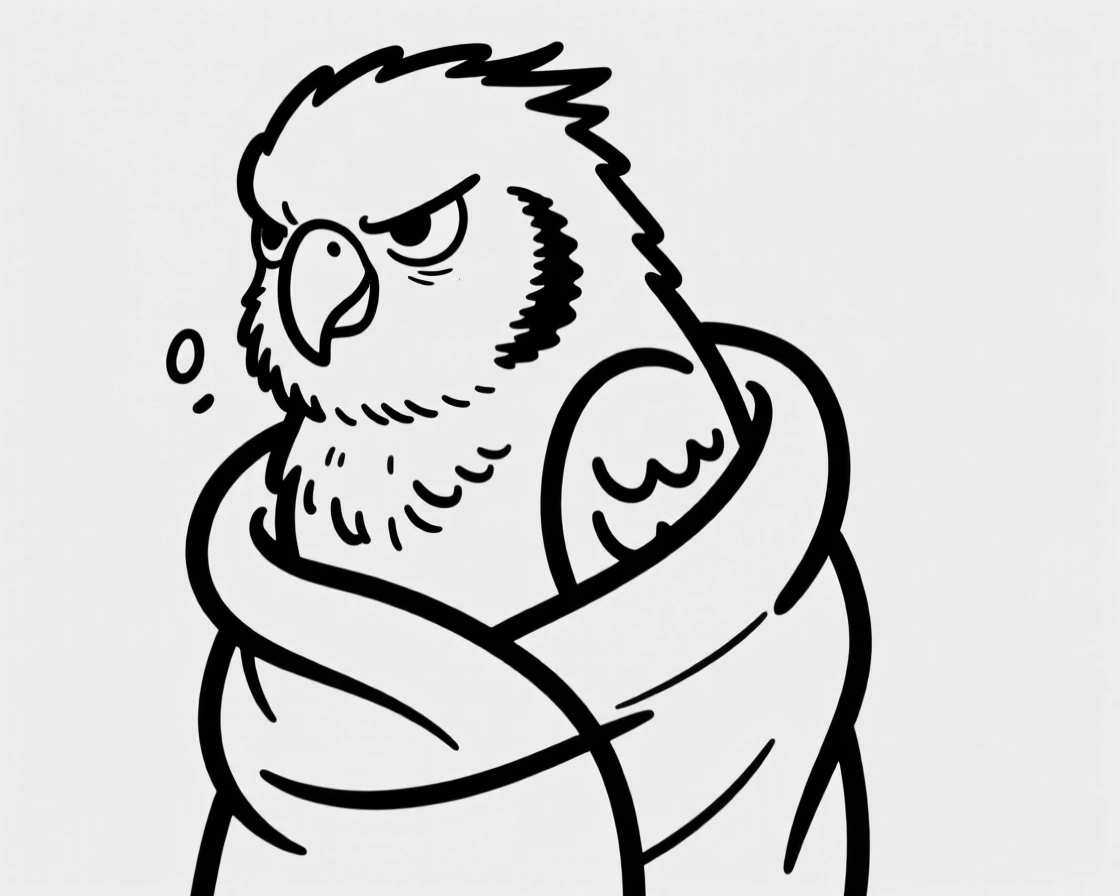 A parakeet wrapped in a towel after a bath, looking grumpy but adorable.