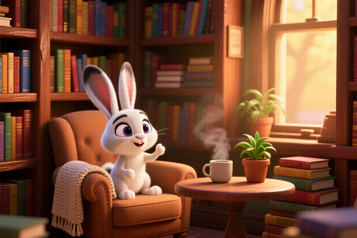 A snow-white bunny is exploring a cozy bookshop nook, wiggling its ears at a sound. The scene feels warm and heartwarming, with warm colors filling the background.