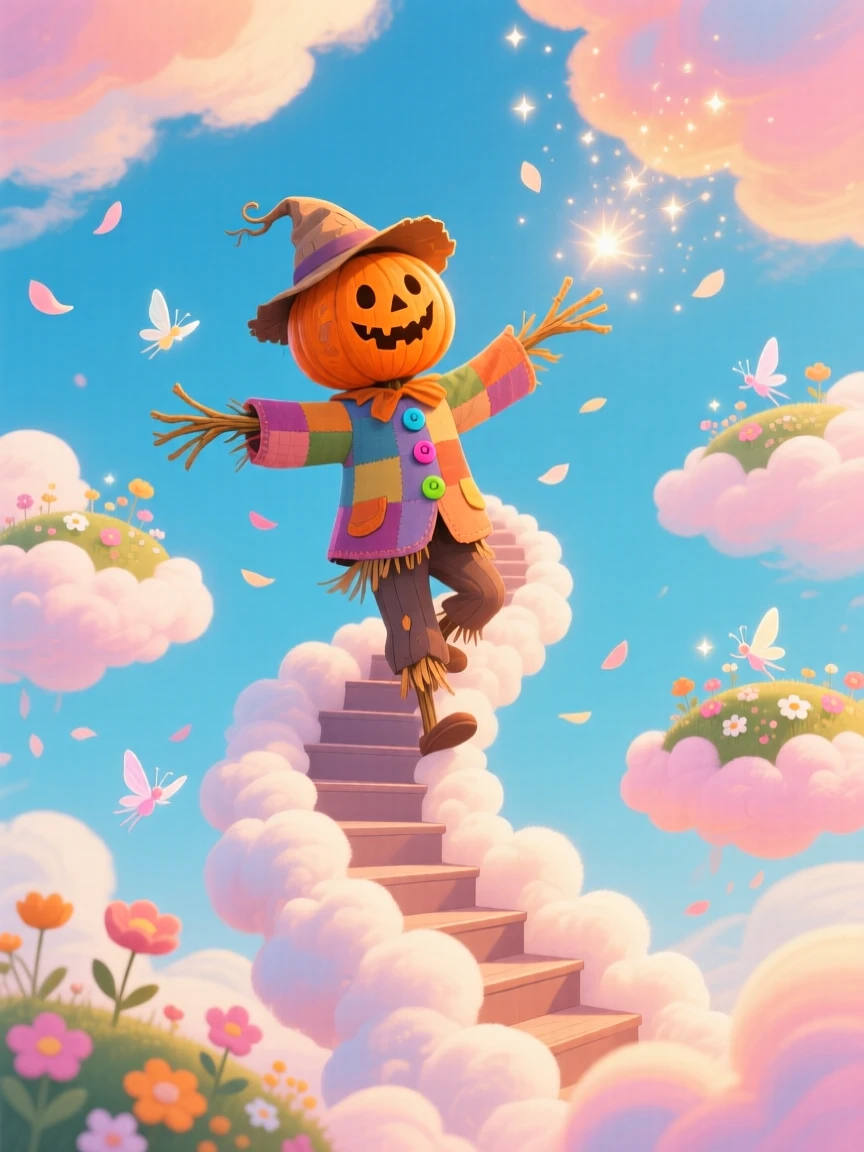 In a sky full of drifting islands, a pumpkin-headed scarecrow guardian discovers a moment of wonder while climbing a staircase made of clouds, while a gentle breeze carries the scent of flowers.