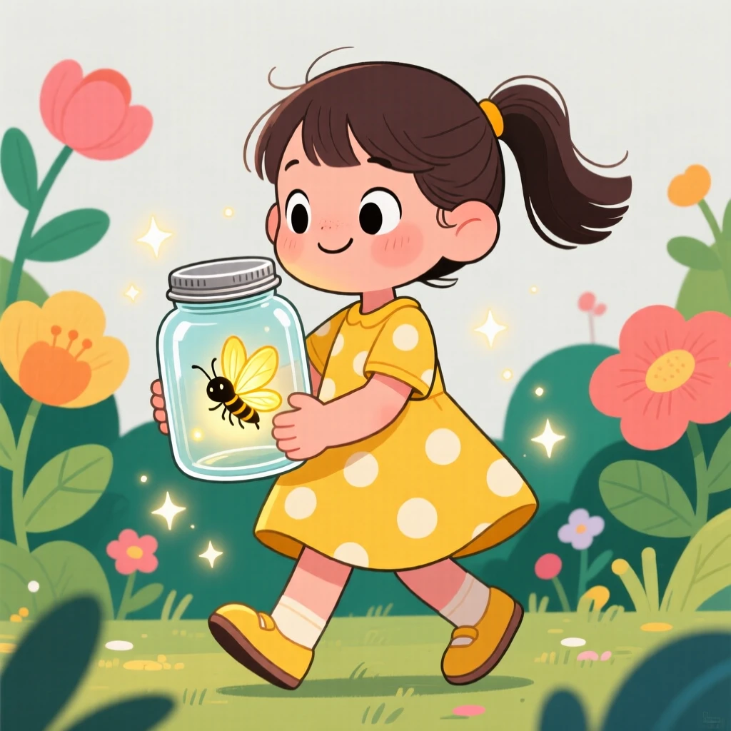 A girl carefully carrying a jar with a firefly inside.