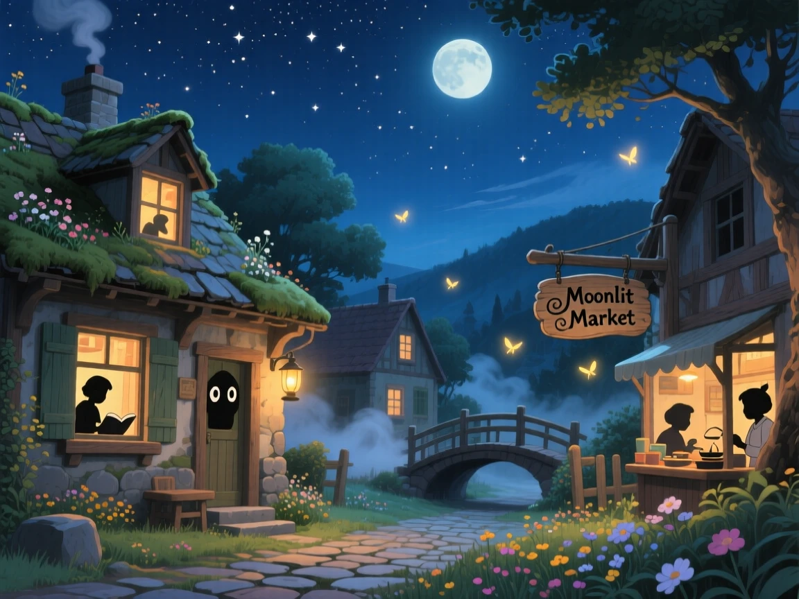 A nighttime scene of a village illuminated by warm window lights beneath a starry sky, dreamlike beneath the stars.
