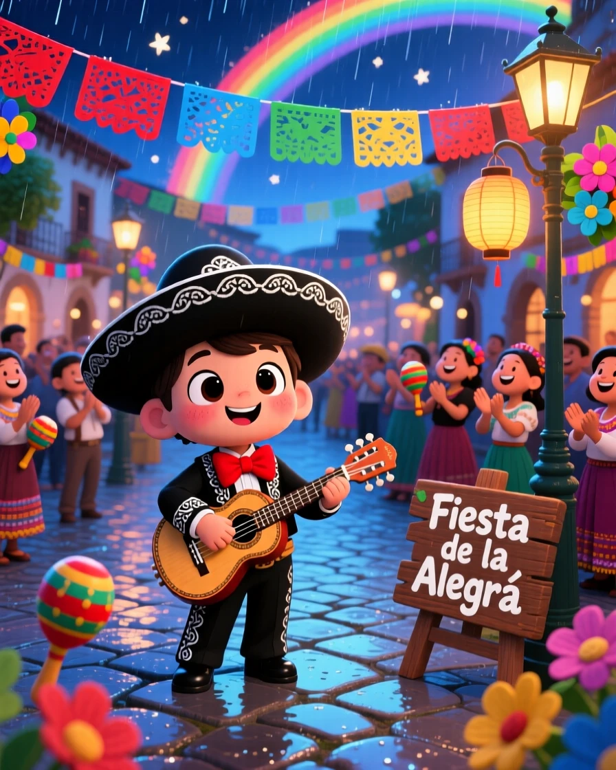 Bird's-eye view of a child mariachi performer, strumming a tiny guitarrón, in a festive plaza celebration, under a rainbow after the rain, illuminated by cool blue twilight glow, radiating playful mischief.