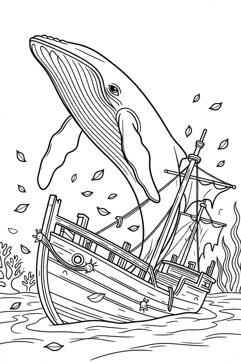 A breaching humpback whale cruising above a sunken shipwreck, surrounded by a scattering of fallen petals.
