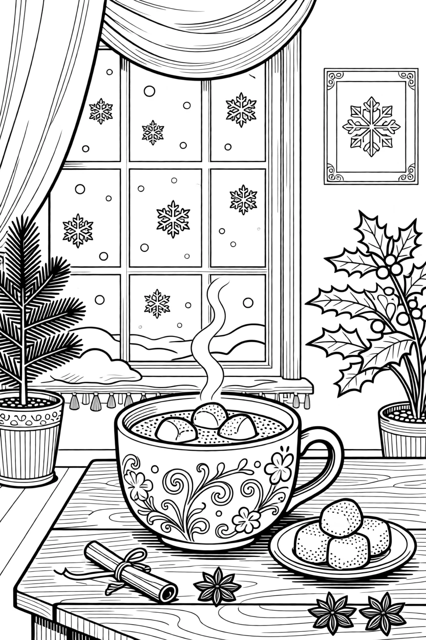 A cozy hot cocoa scene with marshmallows beside a snowy window.