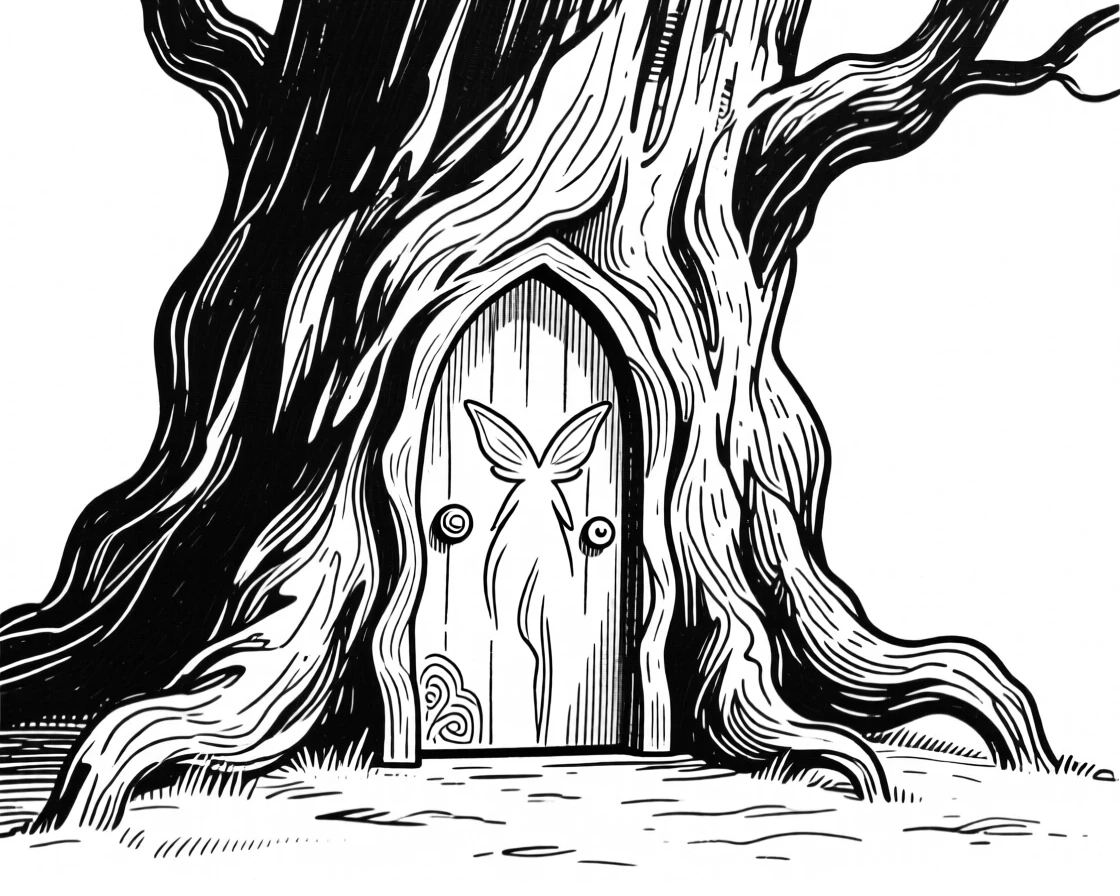 A hidden fairy door carved into the base of an ancient oak tree.
