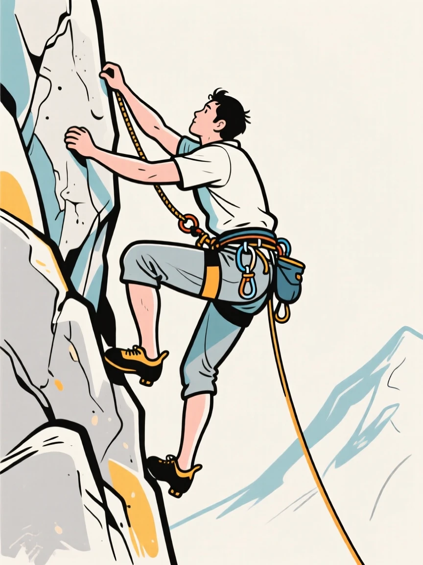 A mountain climber scaling a steep rock face with ropes and gear.