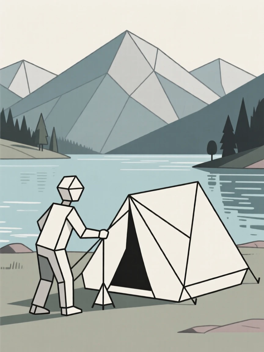 A camper pitching a tent beside a mountain lake