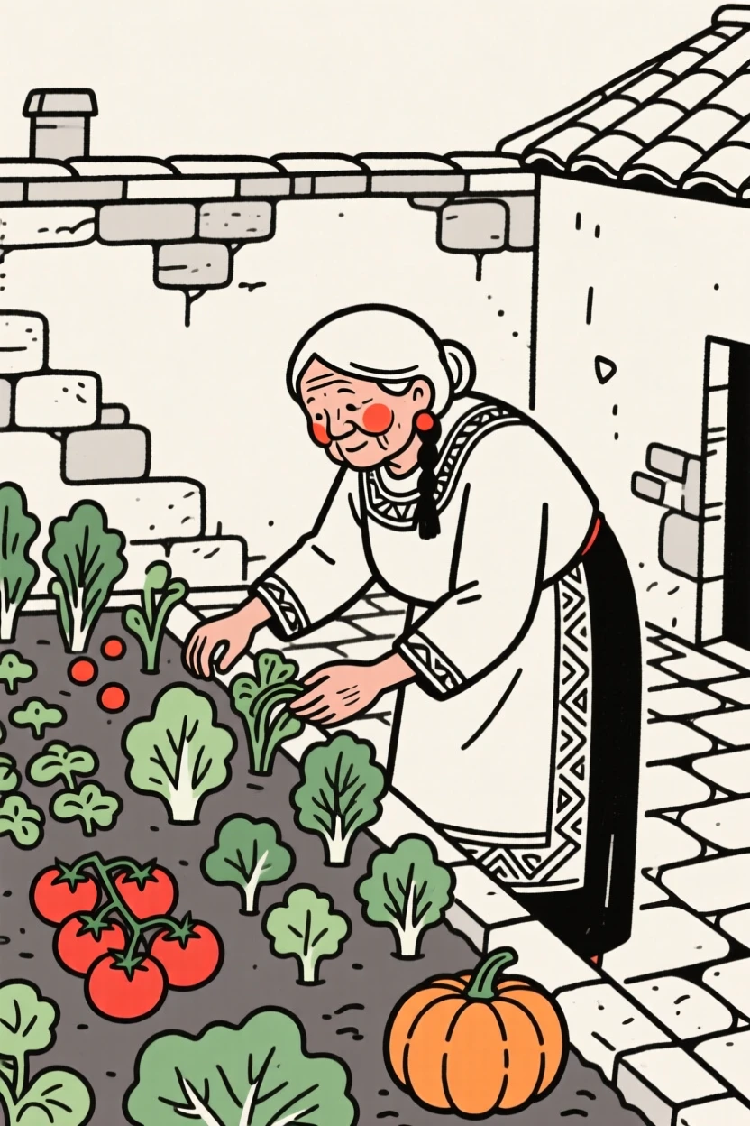 A grandmother of Native American heritage tending a rooftop vegetable garden, in an old stone courtyard.
