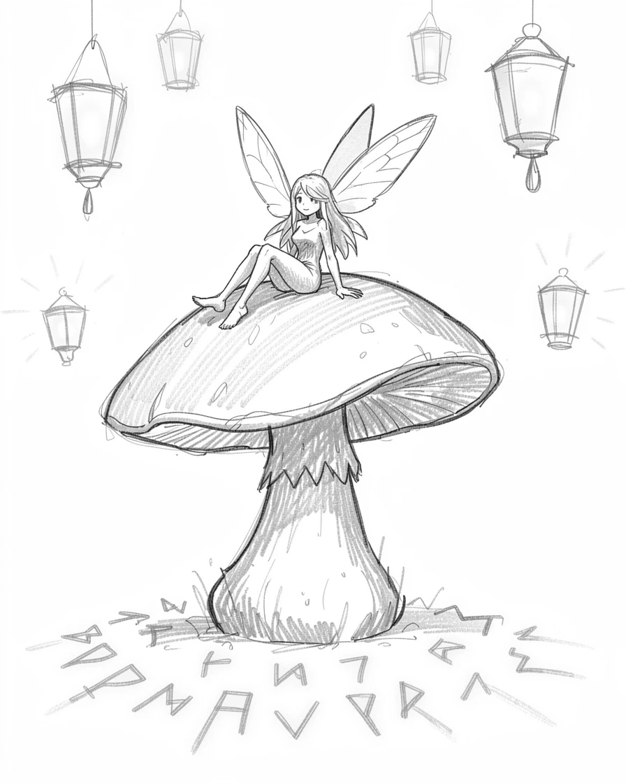 A fairy resting on a giant mushroom, surrounded by floating lanterns, with ancient runes glowing faintly on the ground.