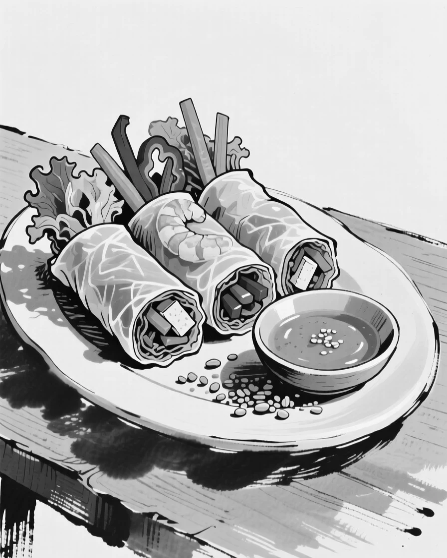 A plate of colorful spring rolls with a side of peanut dipping sauce.