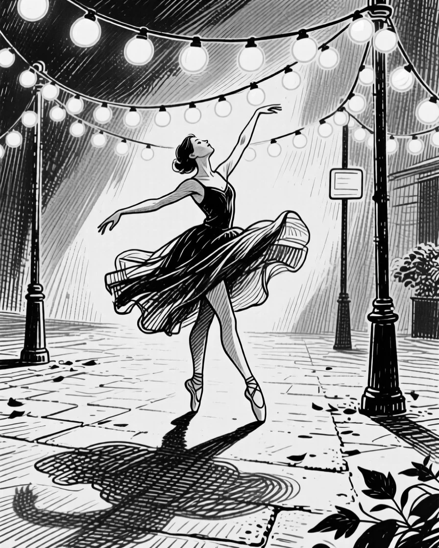 A dancer captured mid-motion beneath the glow of string lights, with long shadows stretching across the ground, creating a deeply comforting lifestyle scene.