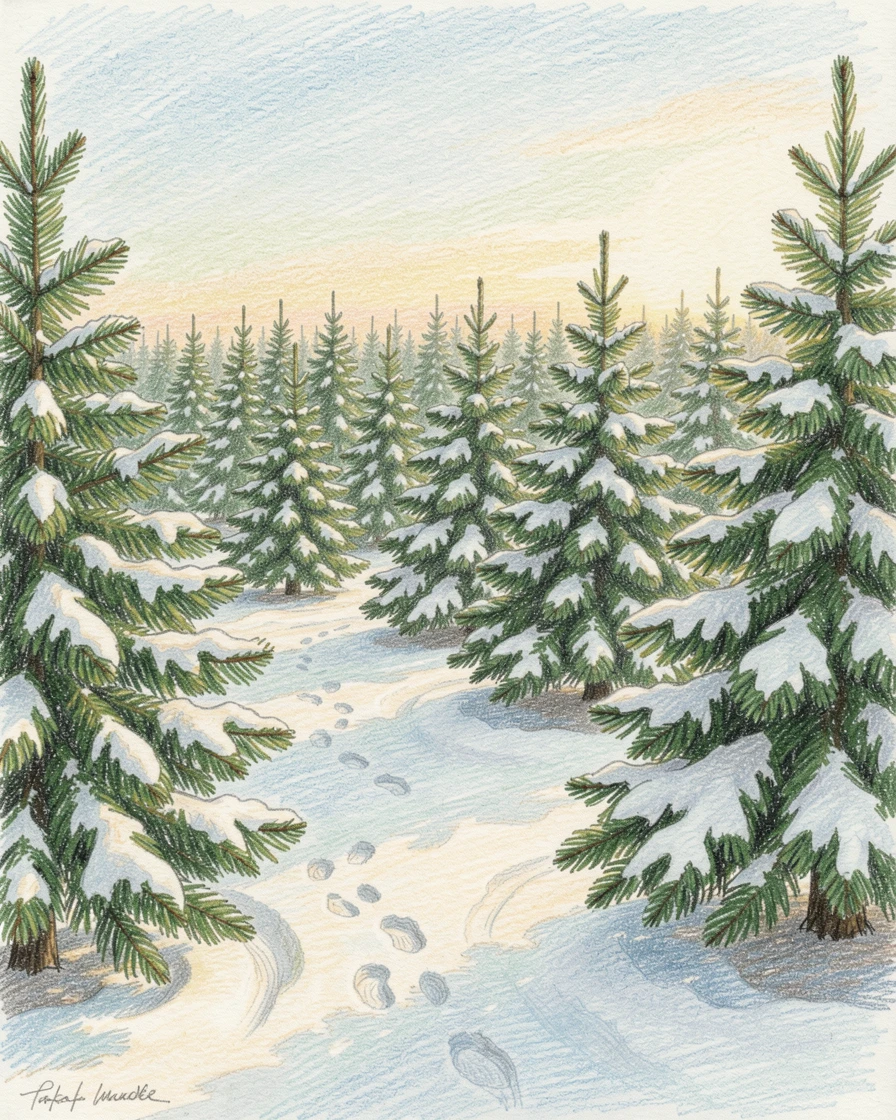 A Christmas tree farm with rows of snow-dusted pines, with a gentle play of light and shadow across the composition, radiating comfort, joy, and quiet beauty.