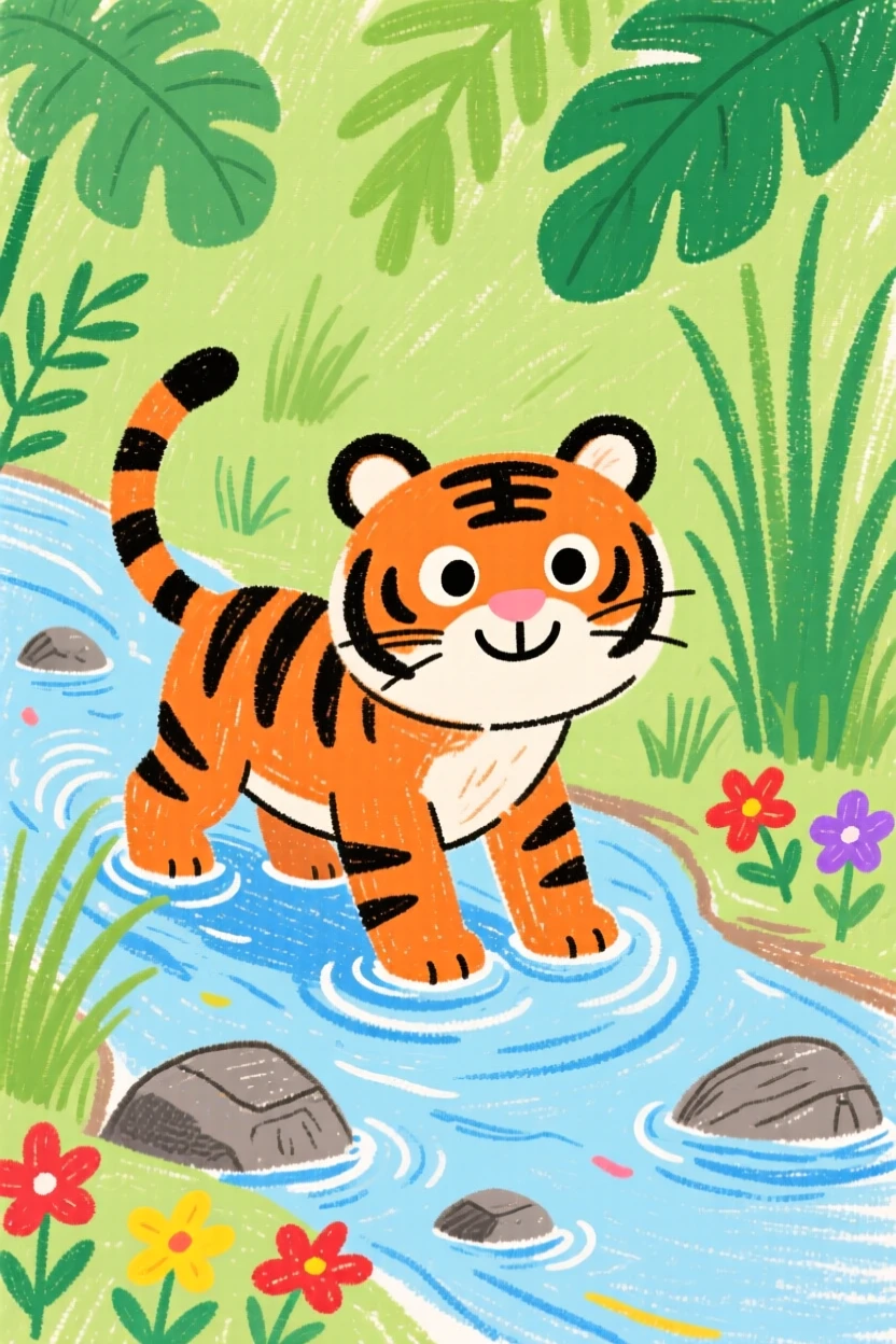 A tiger wading through a shallow jungle stream.