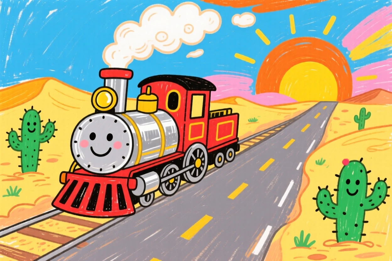 A shiny steam locomotive racing along a desert highway at sunrise.