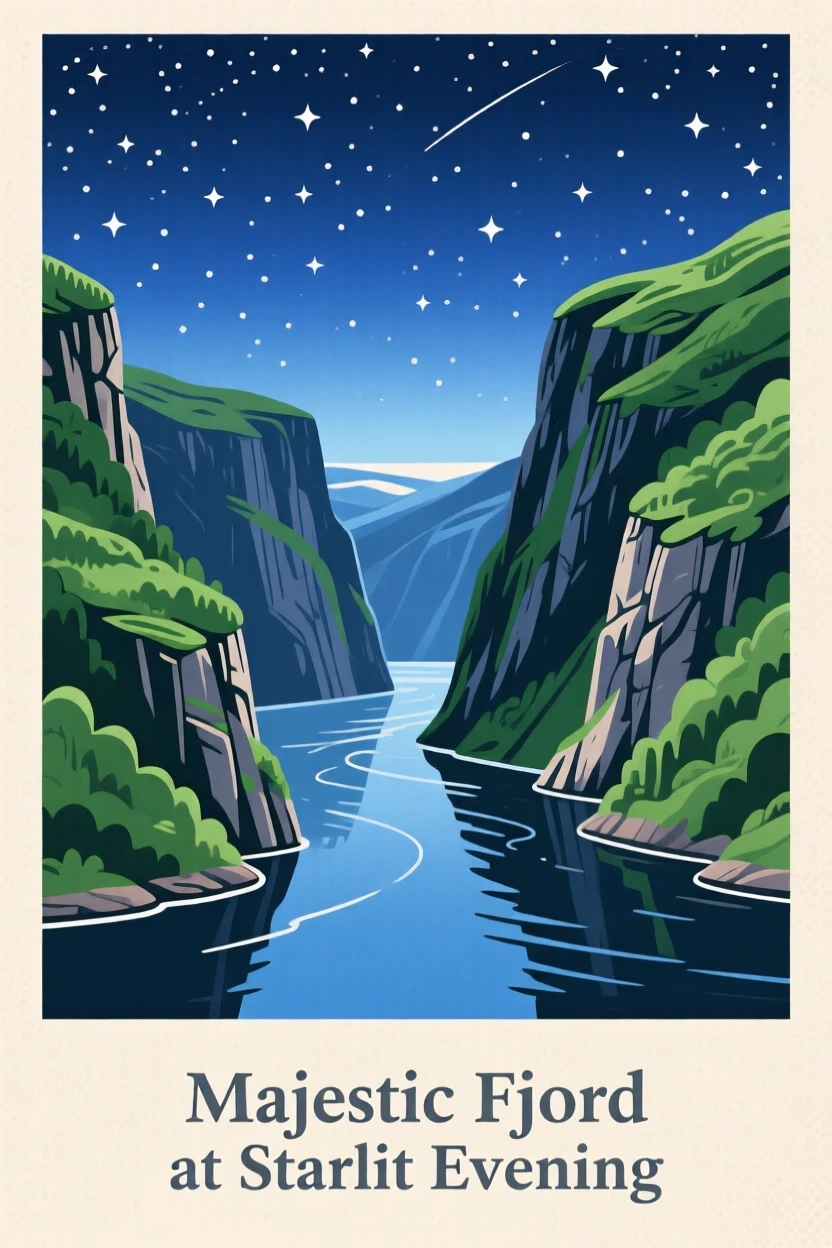 A dramatic fjord carved between towering green cliffs, under a starlit evening sky, framed with a sweeping wide-angle perspective, with a nostalgic, postcard-like charm.