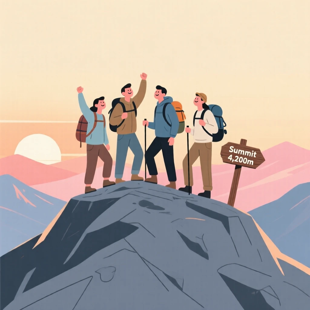 A group of hikers reaching a mountain summit at sunrise.