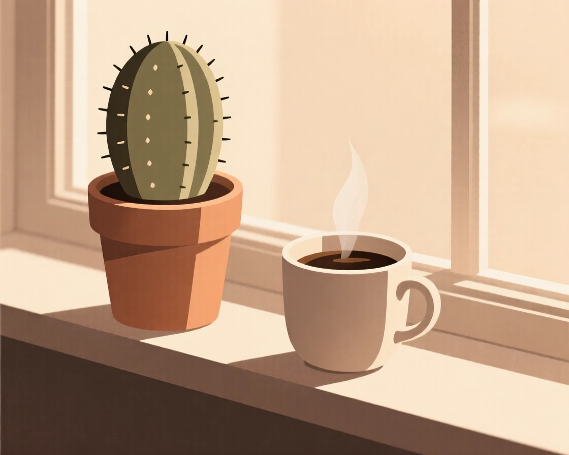 A close-up study of a potted cactus placed beside a cup of coffee on a windowsill in soft light, full of vintage warmth.