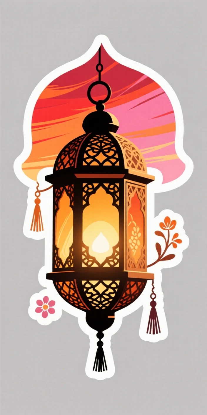 A richly detailed Moroccan lantern glowing with warm light, under a sky streaked with warm colors, at the peak of a local festival.