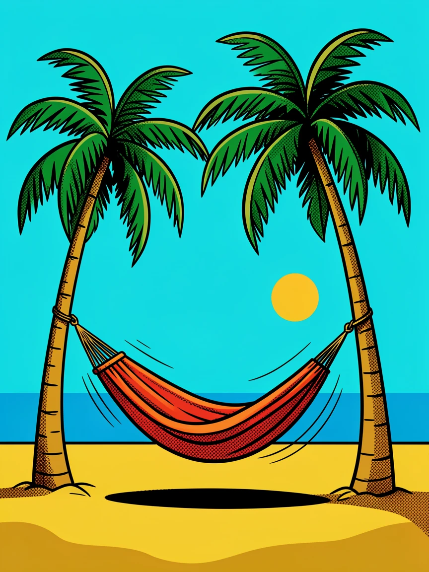 A hammock strung between two palm trees on a tropical beach