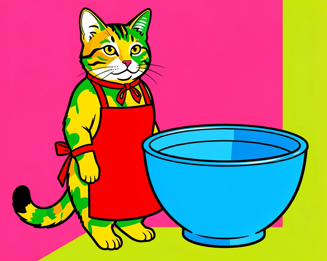 Cat wearing a chef's apron next to a mixing bowl