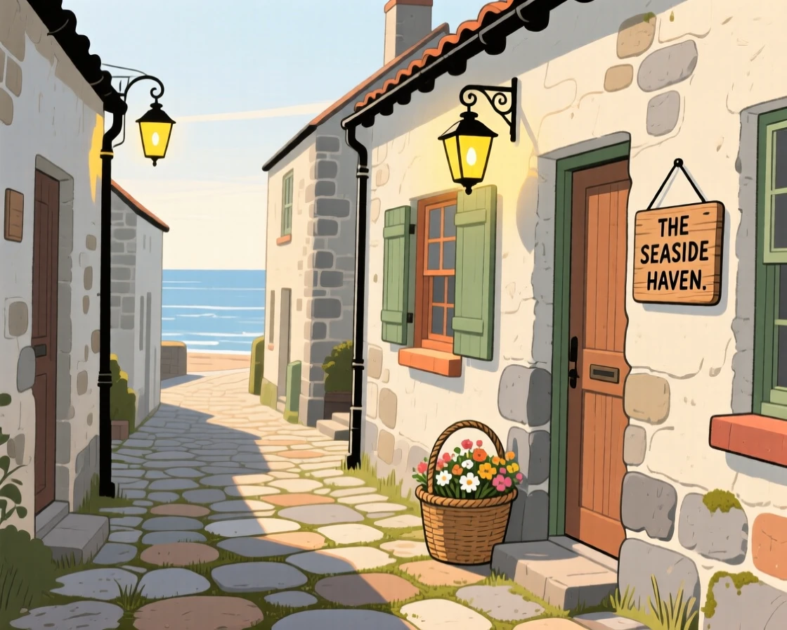A sunlit alley winds through a small seaside village lined with stone cottages and hanging lanterns, quiet in the early morning light.