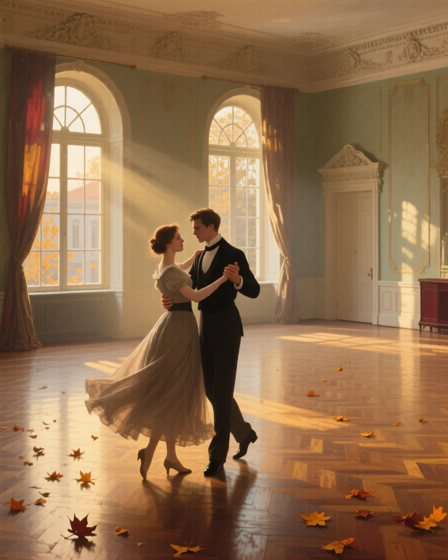 A well-framed scene of a young couple sharing a quiet dance in an empty ballroom, just after sunrise, amid swirling autumn wind.