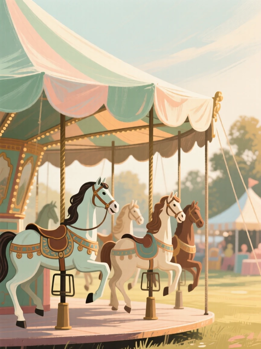 A row of antique carousel horses beneath a striped canvas tent