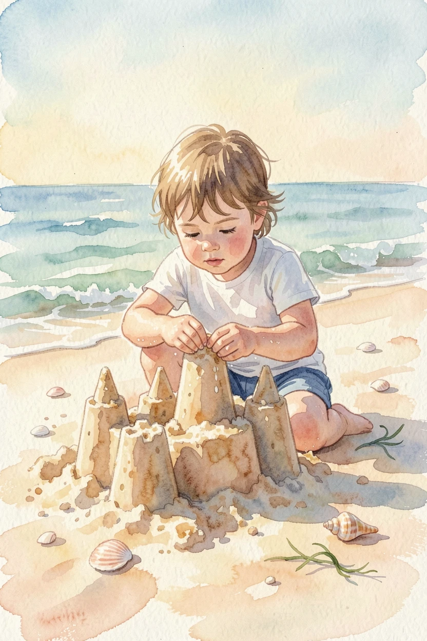A child building a sandcastle on the beach on a warm sunny afternoon.