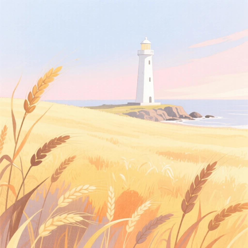A breathtaking view of a golden wheat field at first light, with a distant lighthouse visible on the shore