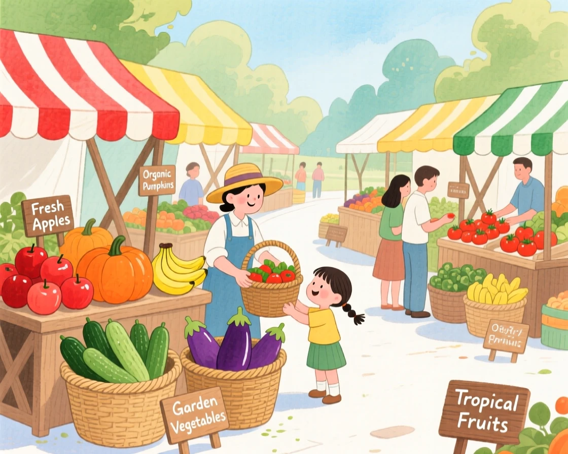 A charming scene of a bustling farmers market with baskets of fresh produce.