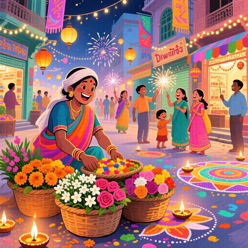 A local vendor arranges baskets of fresh flowers amid a colorful Diwali celebration lighting up a street in India, evoking wanderlust and adventure.