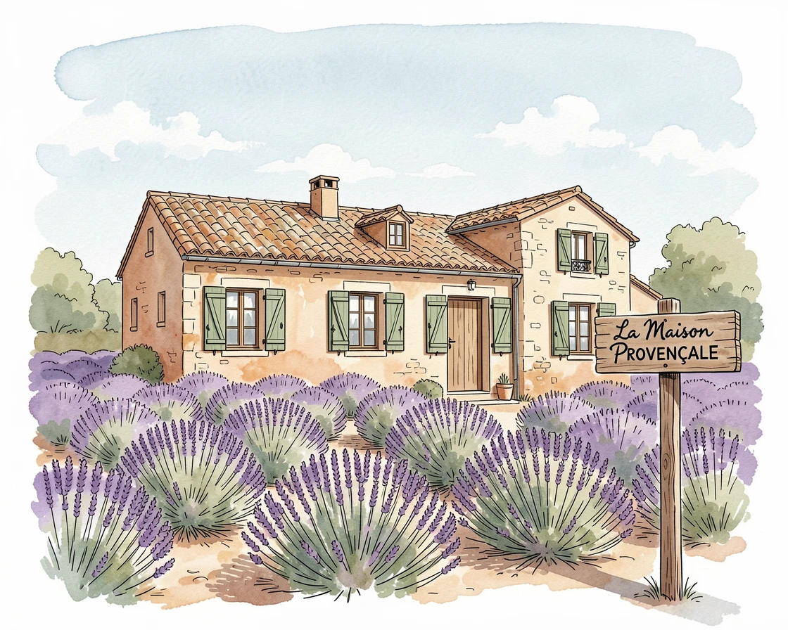 A quiet Provencal farmhouse surrounded by rows of lavender, a sense of timeless charm filling the scene.