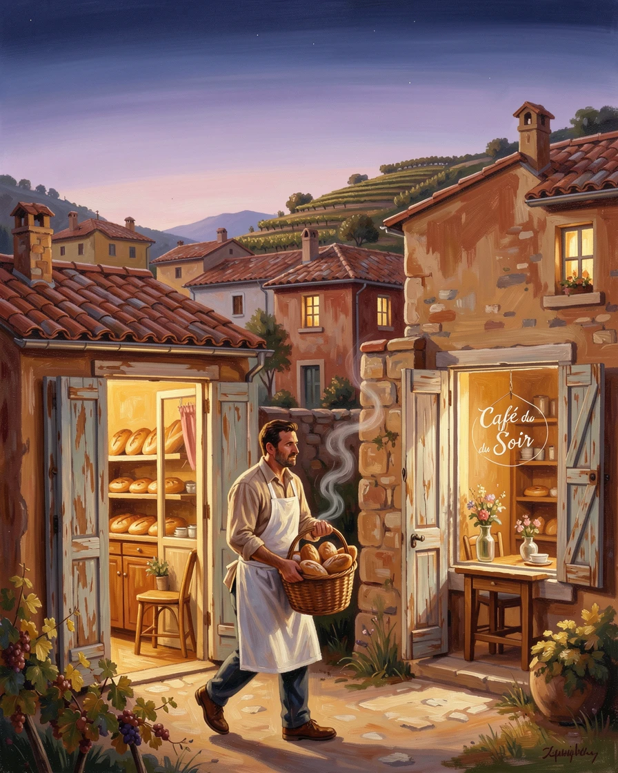 At dusk, warm light spilling from cafe windows, a hillside village of terracotta-roofed homes, surrounded by terraced vineyards, a baker carrying fresh bread from an open doorway.