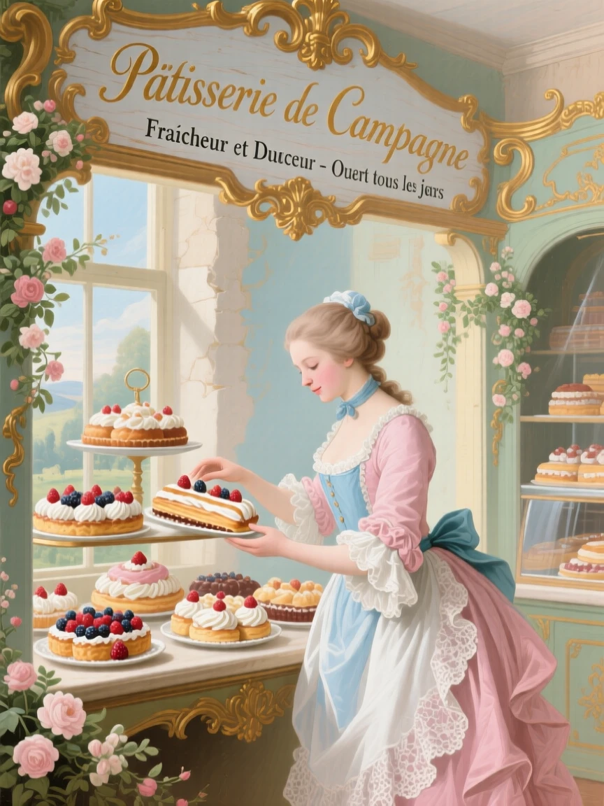 A baker arranging fresh pastries in the window of a country shop  