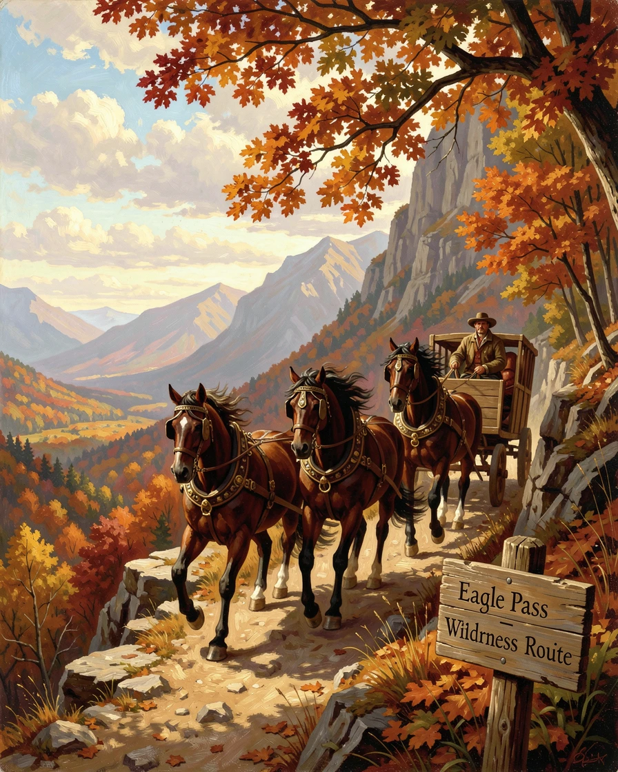 A team of horses rides across a mountain trail overlooking a valley beneath a canopy of autumn leaves.