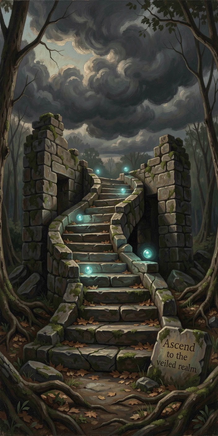 A hidden staircase spiraling up into the clouds from an ancient ruin, as glowing magical elements illuminate the surrounding darkness, creating a scene that feels both magical and entirely believable