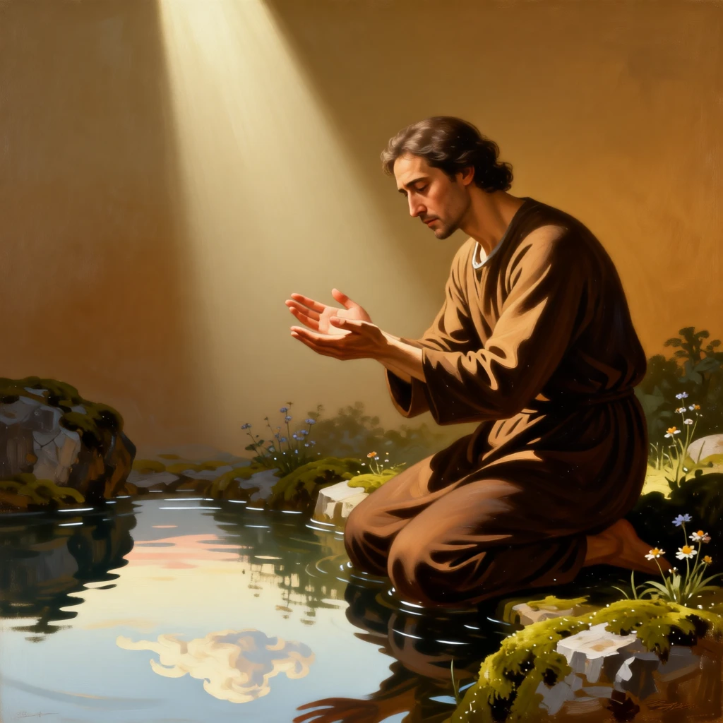 A grieving figure finding solace in a quiet moment of prayer as ancient wisdom passes gently to the next generation, set beside a sacred spring reflecting the morning sky, with open hands extended in a gesture of blessing or gratitude; vertical light from above draws the eye toward transcendence, capturing a timeless moment of grace and gratitude.
