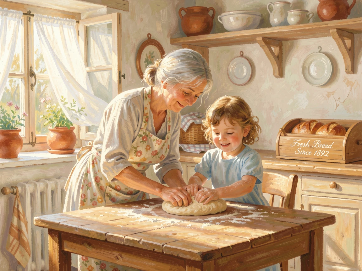 A grandmother teaching her granddaughter to bake bread in a rustic farmhouse kitchen filled with warm morning light, in early spring, capturing a fleeting moment of pure happiness.