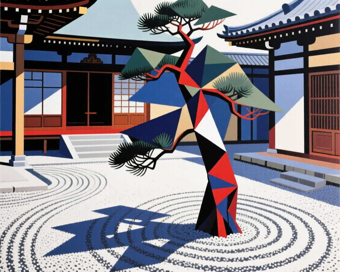 A serene Japanese temple courtyard with raked gravel and a single pine tree.