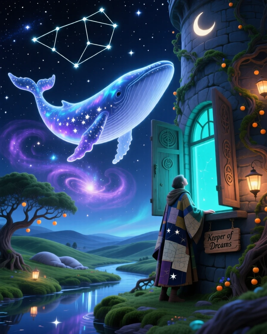 A night sky where constellations form the outline of a giant whale hangs silently over a sleeping world below, while a lone traveler watches from an open window.