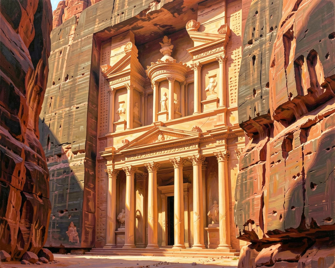 Ancient Petra's Treasury facade emerges dramatically from a narrow sandstone canyon, warm afternoon light illuminating its intricately carved columns, the changing light of the hour casting long shadows that add depth to every surface.