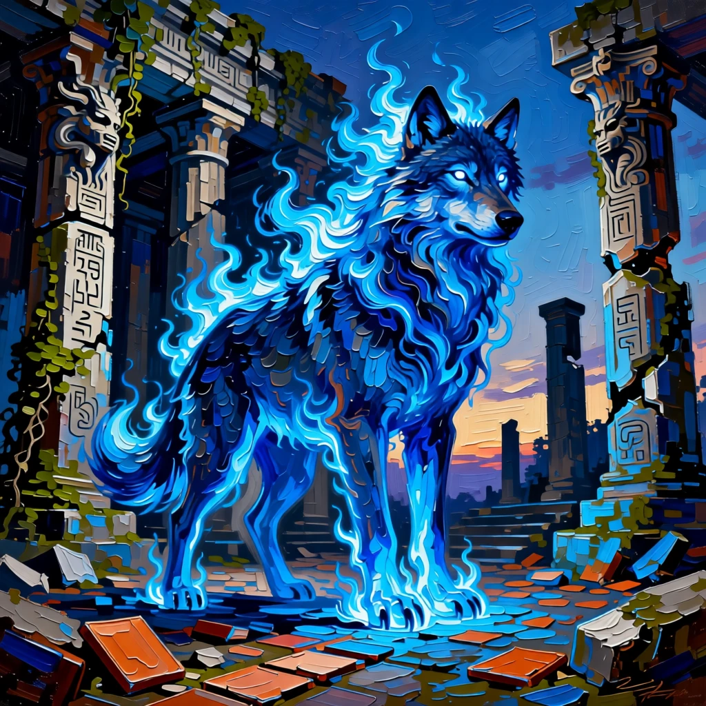 a wolf spirit wreathed in blue flame standing guard over an ancient ruined temple