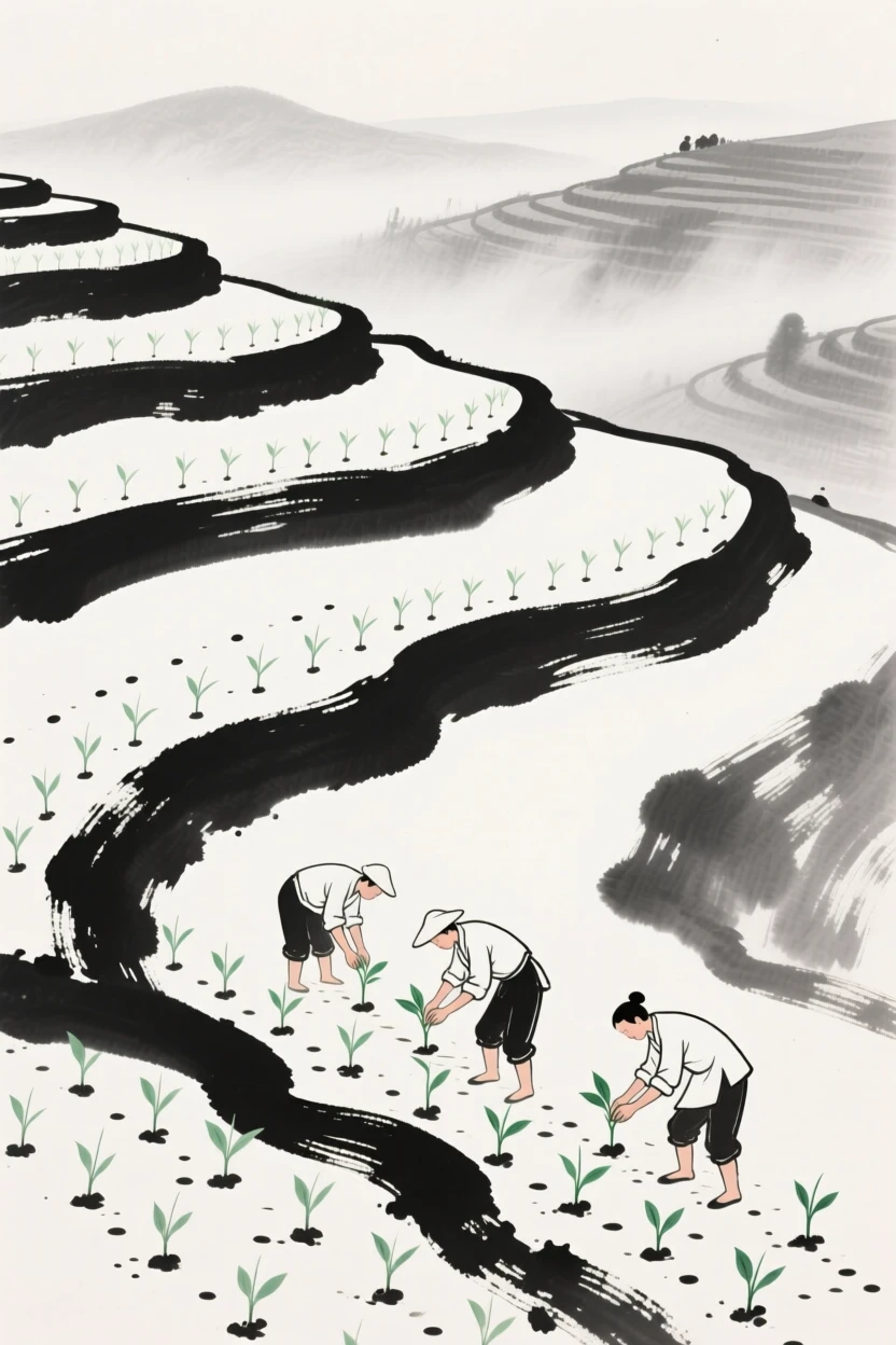 Workers plant seedlings in neat rows across a terraced hillside, as mist lingers over the surrounding terraces.