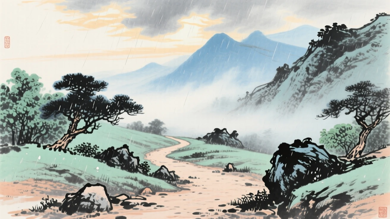 An empty mountain path disappearing into drifting fog, under clearing skies after a storm, in the height of summer.