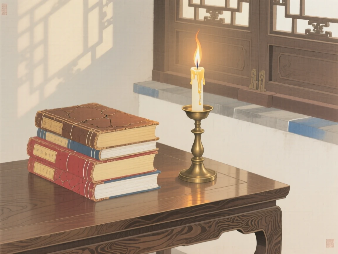 A stack of old books beside a burning candle on a low table in a sunlit room