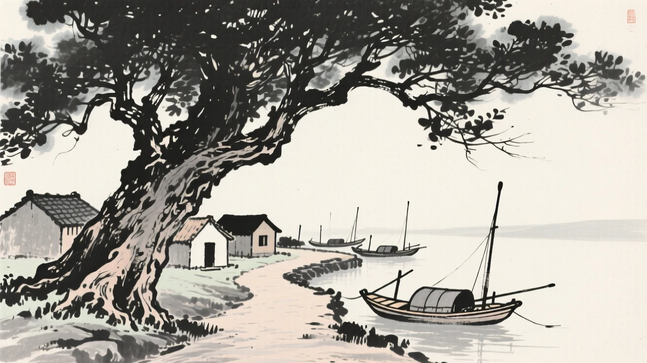 A small fishing village harbor beneath the shade of an ancient tree, framed symmetrically along a central path, evoking centuries of quiet history and devotion.