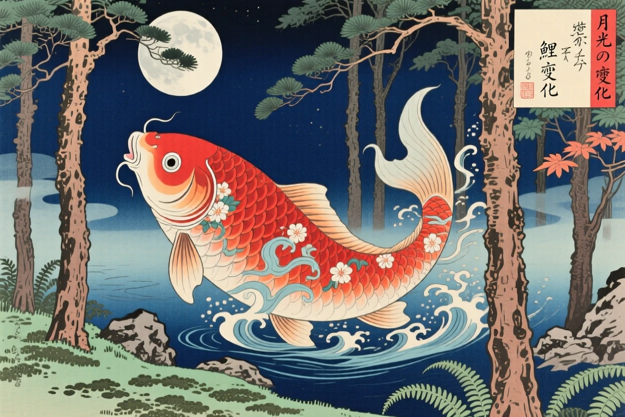 A giant transforming koi darting through a moonlit forest.