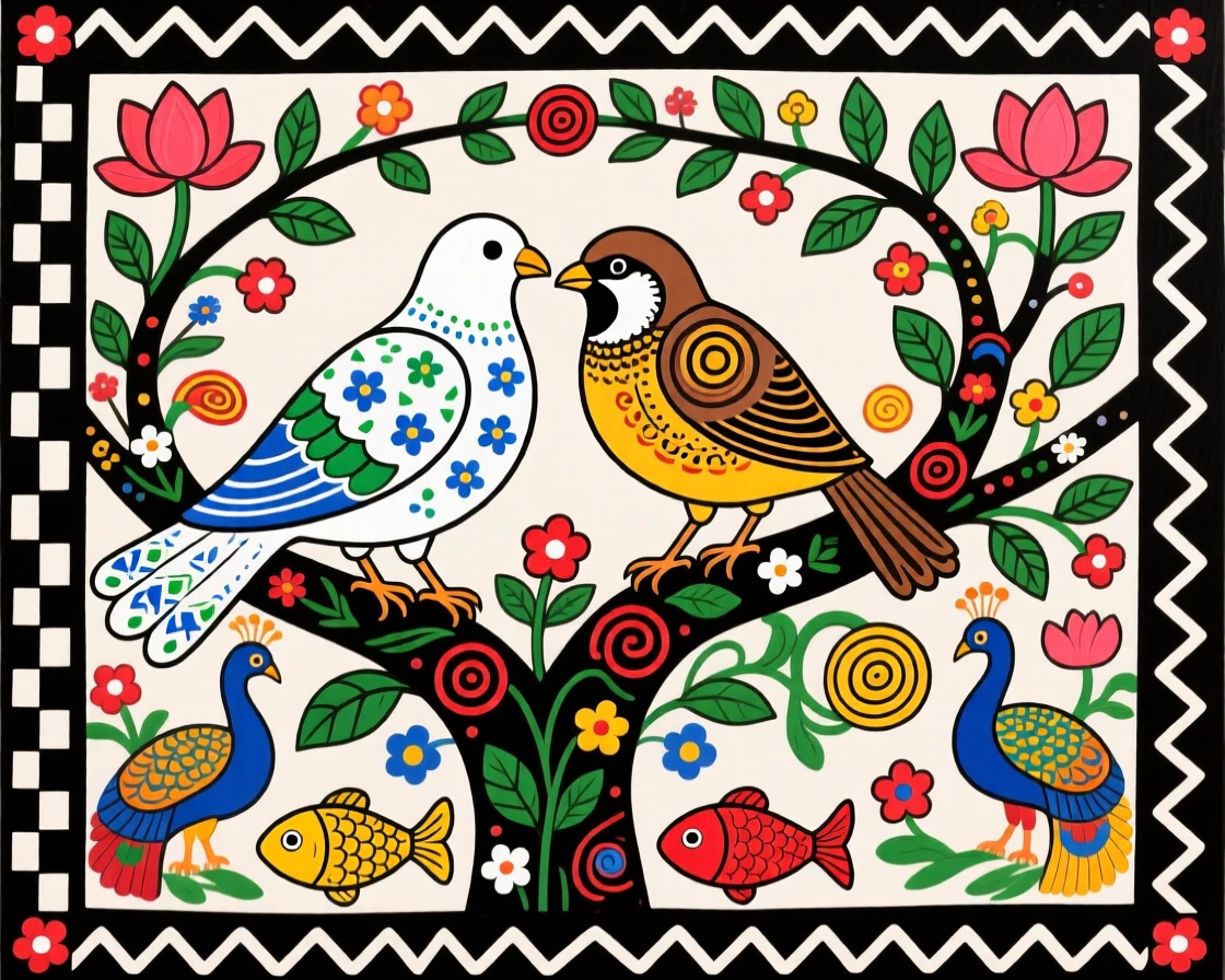 A dove and a sparrow sharing a single branch in quiet company.