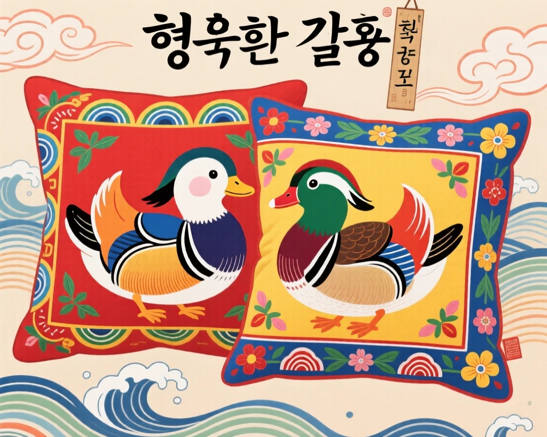 A pair of embroidered mandarin duck pillows placed side by side, symbolizing marital happiness.