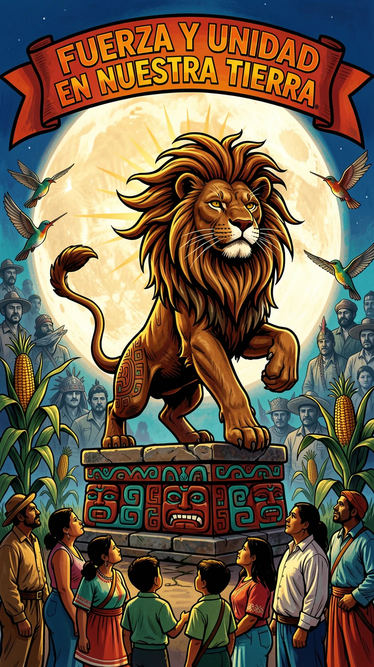 A guardian lion statue awakening beneath a full moon